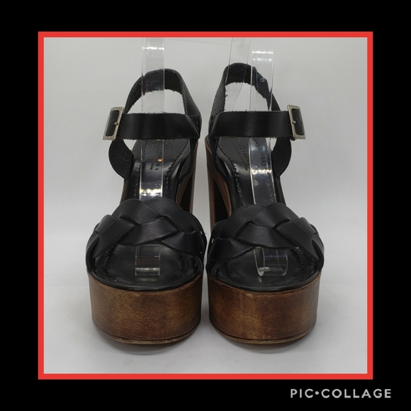 ASOS Black Leather Strappy Wood Platforms Size 8 - Picture 2 of 8
